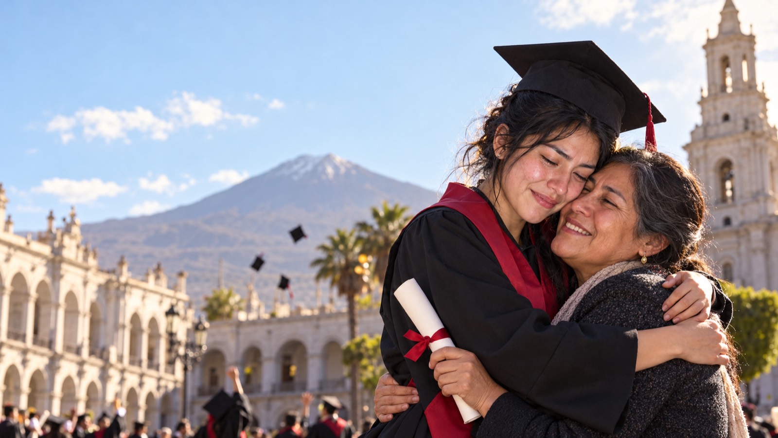 Una joven graduada abraza emocionada a su mamá en la Plaza de Armas de Arequipa
