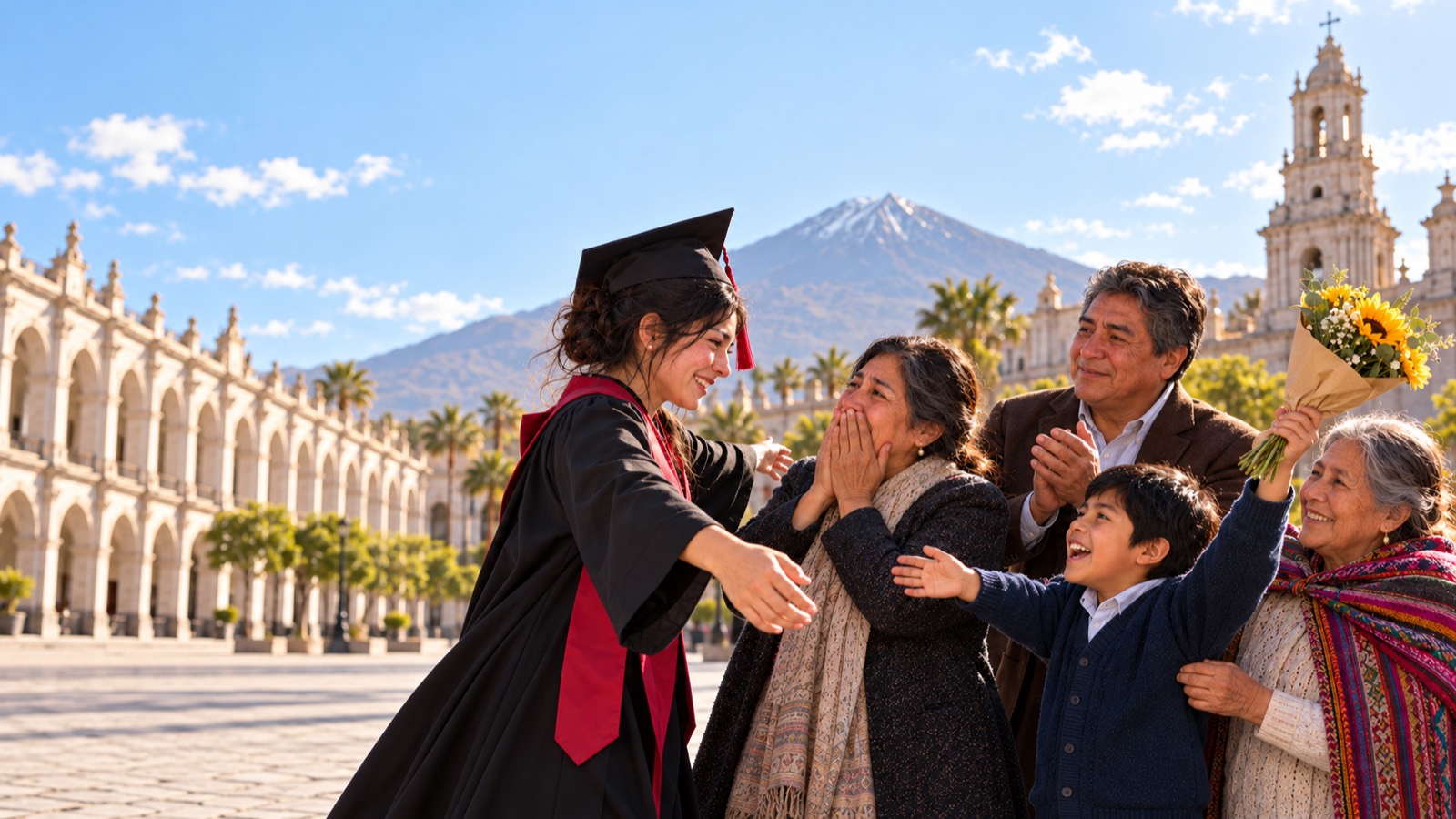 Una joven graduada corre a abrazar a su familia, que la espera emocionada en la Plaza de Armas de Arequipa