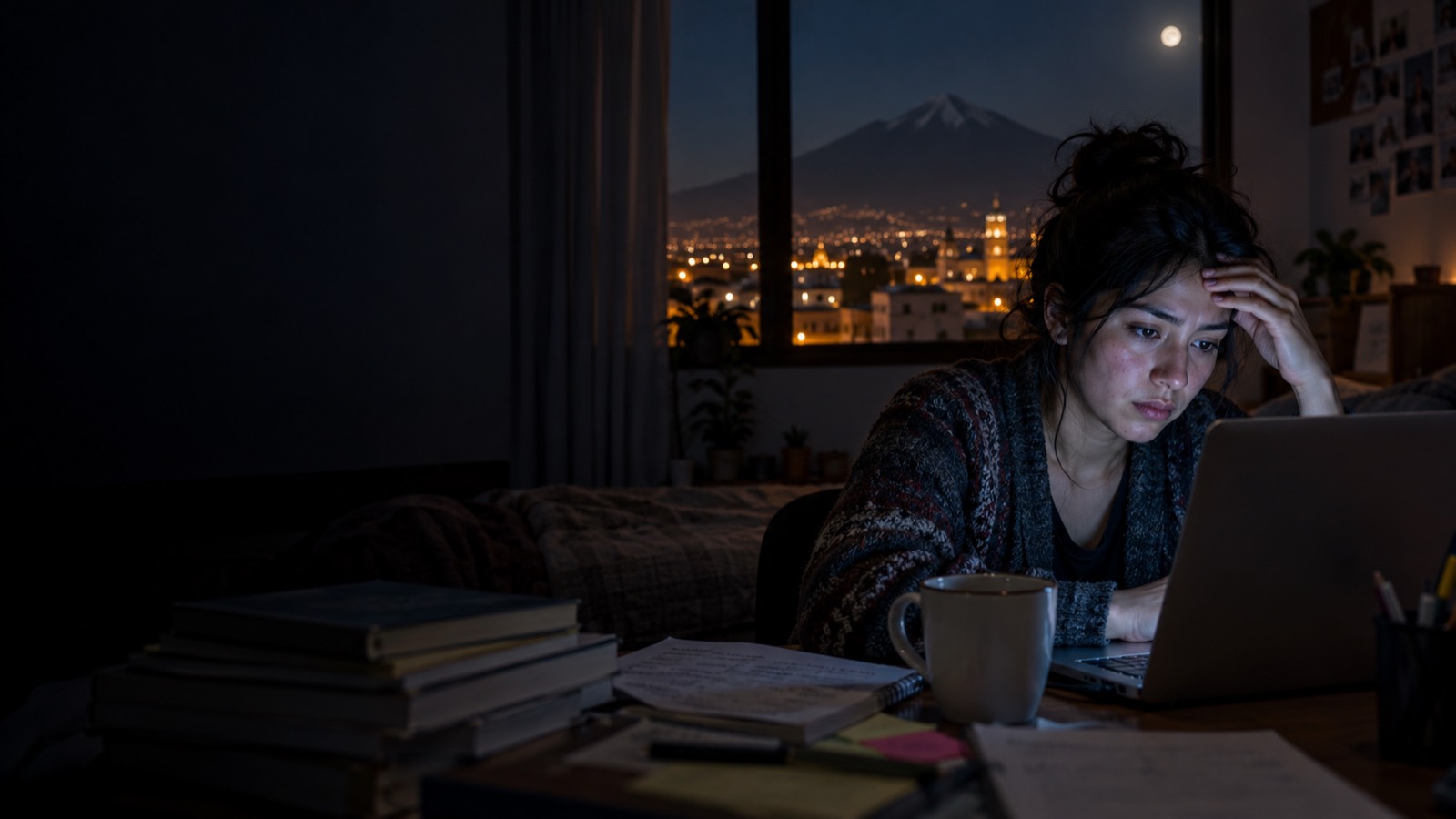 Una tesista agotada trabaja de madrugada frente a su laptop; al fondo, Arequipa y el volcán Misti